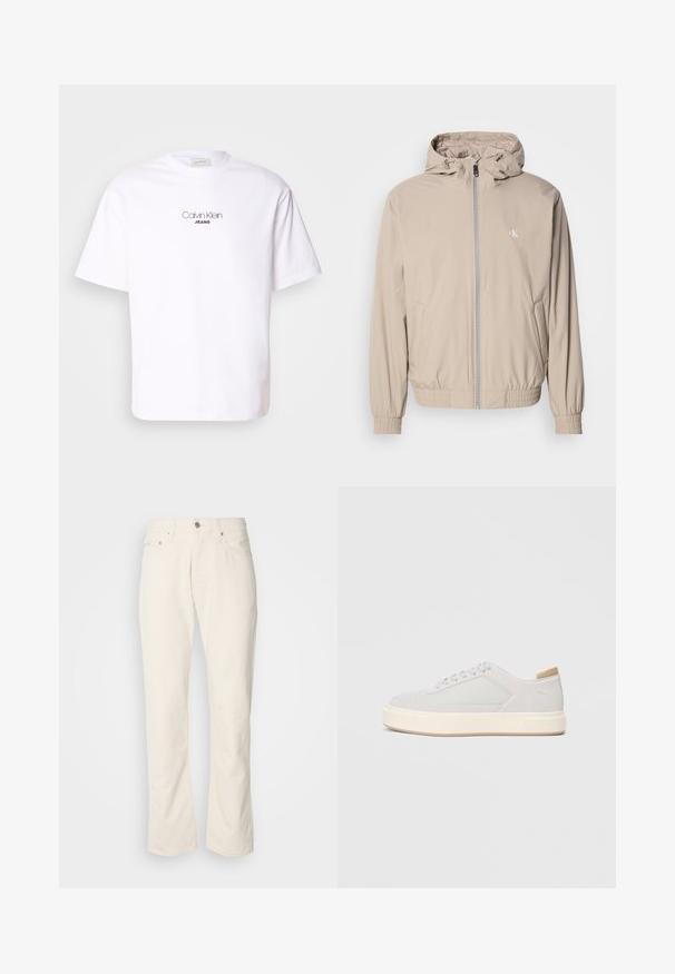 Hellbeige Windbreaker-Jacke mit Kapuze, elastischen Bündchen und Saum, ausgestattet mit einem Frontreißverschluss und einem kleinen Logo auf der Brust. Glatte Textur.; Weißes Baumwoll-T-Shirt mit Rundhalsausschnitt und kurzen Ärmeln. Auf der Vorderseite ist "Calvin Klein" in einer minimalistischen Schrift über "JEANS" abgebildet.; Beige Baumwolljeans mit klassischem geradem Bein, ausgestattet mit einem Frontknopfverschluss, fünf Taschen und dezenten Nähdetails.; Hellgraue Sneaker mit einer glatten Synthetik-Oberfläche, runder Spitze und einer strukturierten cremefarbenen Zwischensohle. Helle tanfarbene Akzente an der Ferse.