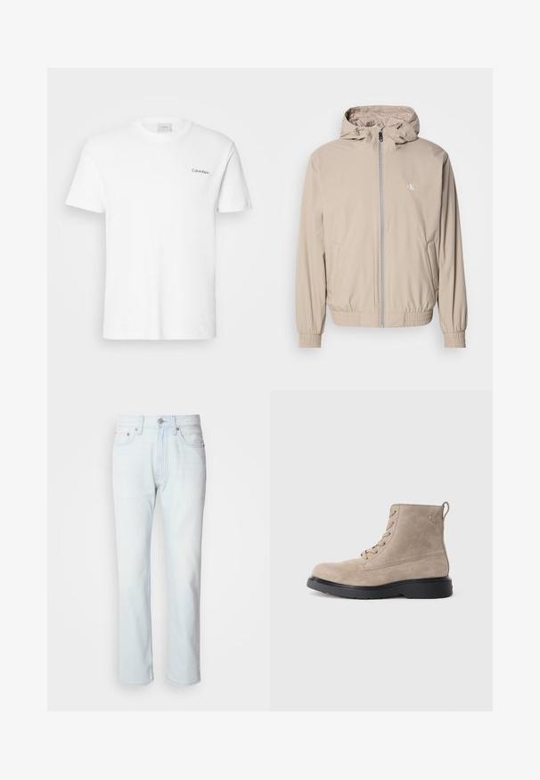 Licht beige windjack met capuchon, elastische manchetten en zoom, voorzien van een ritssluiting aan de voorkant en een klein logo op de borst. Gladde textuur.; Witte katoen T-shirt met korte mouwen en een ronde hals. Bevat een klein zwart "Calvin Klein" logo op de linkerborst.; Lichtblauwe denim jeans met een rechte pijp. Voorzien van een knoopsluiting en riemlussen, met een vervaagde textuur en minimale stiksels.; Beige suède enkellaarsjes met zwarte rubberen zool, vetersluiting en een klein logo dat aan de zijkant is gedrukt, voorzien van een trekloop aan de achterkant.