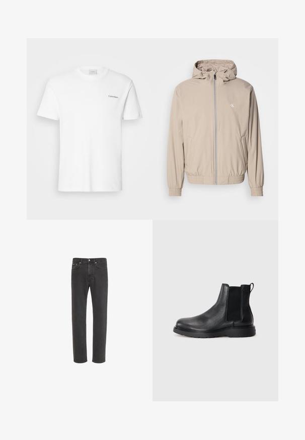 Hellbeige Windbreaker-Jacke mit Kapuze, elastischen Bündchen und Saum, ausgestattet mit einem Frontreißverschluss und einem kleinen Logo auf der Brust. Glatte Textur.; Weißes Baumwoll-T-Shirt mit kurzen Ärmeln und Rundhalsausschnitt. Mit einem kleinen schwarzen "Calvin Klein"-Logo auf der linken Brust.; Schwarze Straight-Leg-Jeans aus Denim mit Knopf- und Reißverschluss vorne, Vorder- und Gesäßtaschen, auf weißem Hintergrund dargestellt.; Schwarze Leder-Chelsea-Boots mit strukturiertem Finish, elastischen seitlichen Einsätzen und einer robusten Gummisohle. Dezentes Branding an der Ferse.