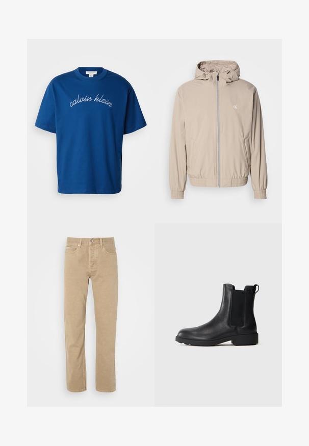 Lysebeige vindtæt jakke med hætte, elastiske manchetter og kant, med lynlås foran og et lille logo på brystet. Glat tekstur.; Blå bomulds t-shirt med rund hals og korte ærmer, med "calvin klein" elegant broderet i hvid kursiv over brystet.; Beige bomuldsbukser med lige ben, der har forlommer, knaplukning og diskrete syninger langs sømmene.; Sort læder ankelstøvle med elastiske sidepaneler, træksnor ved hælen og lav bloksål mod en ensfarvet baggrund.