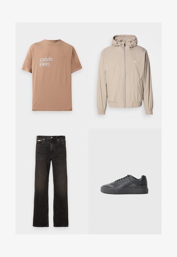 Lysebeige vindtæt jakke med hætte, elastiske manchetter og kant, med lynlås foran og et lille logo på brystet. Glat tekstur.; Kortærmet T-shirt i lys brun bomuldsstof med stor hvid tekst "calvin klein" på forsiden og rund halsudskæring.; Sorte denimjeans med lige ben, falmet finish, fem-lomme-stil og metalknaplukning. Har let slidte detaljer.; Sort lædersneaker med rund tå, flad gummisål og kontrasterende syninger. Har et logo på siden og snørebåndsdesign.