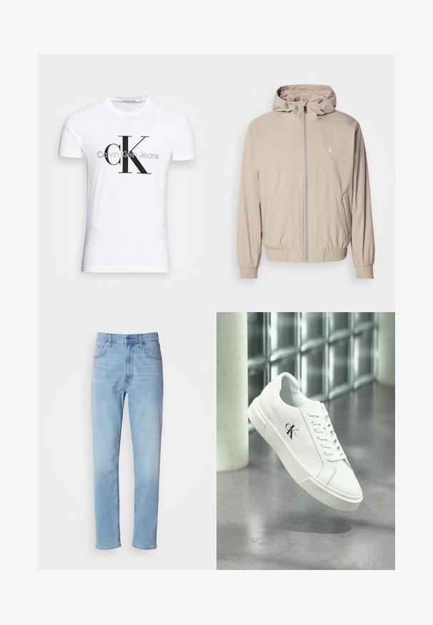 Licht beige windjack met capuchon, elastische manchetten en zoom, voorzien van een ritssluiting aan de voorkant en een klein logo op de borst. Gladde textuur.; Wit T-shirt met korte mouwen met een groot zwart "cK" en grijs "Calvin Klein Jeans" tekstlogo aan de voorkant.; Lichtblauwe denim jeans met een rechte pasvorm, vijf zakken en riemlussen. De stof heeft een gladde textuur met een lichte vervaging.; Witte Calvin Klein sneaker met veters, zwevend getoond boven een gepolijste betonnen vloer en een achtergrond van glasblokken.