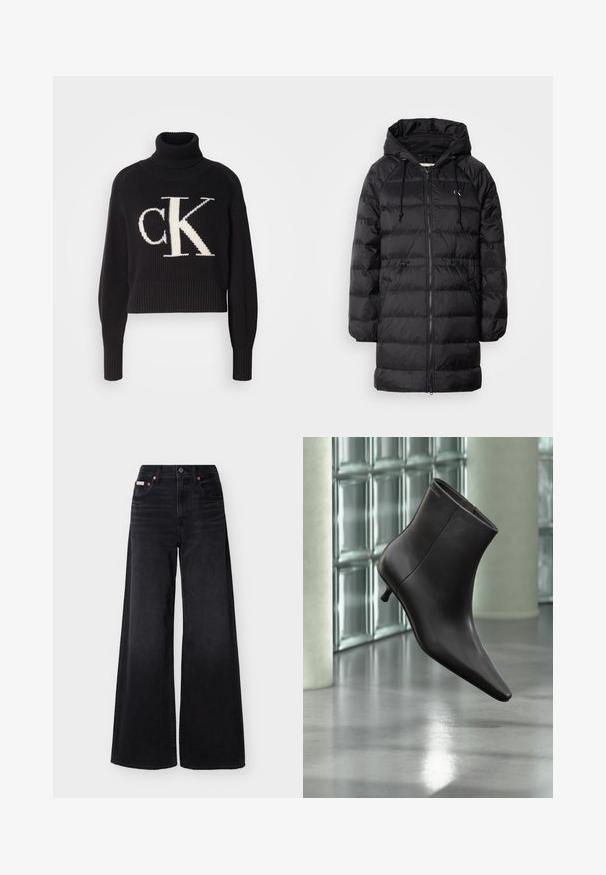 Calvin Klein Jeans Manteau d'hiver - black; Pull noir côtelé avec un col montant, arborant un grand logo "ck" crème à l'avant. Longueur cropped et manches ajustées.; Jean noir à jambes larges avec taille haute, fermeture avant par boutons et fermeture éclair, passants pour ceinture, et design à cinq poches.; Bottine en cuir noir avec bout pointu et petit talon, présentée devant un mur en blocs de verre et un sol poli.