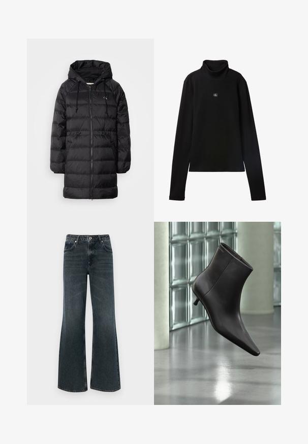 Calvin Klein Jeans Zimný kabát - black; Čierny rebrovaný top s dlhým rukávom a rolákom s malou štvorcovou nášivkou s logom Calvin Klein uprostred na hrudi.; Tmavé denimové nohavice s rozšírenými nohavicami a vysokým pásom, so siedmimi vreckami, zapínaním na gombík a jemnými vyblednutím na látke.; Čierna kožená členková obuv s ostrou špičkou a nízkym podpätkom, zobrazená na pozadí steny zo sklenených blokov a leštenej podlahy.