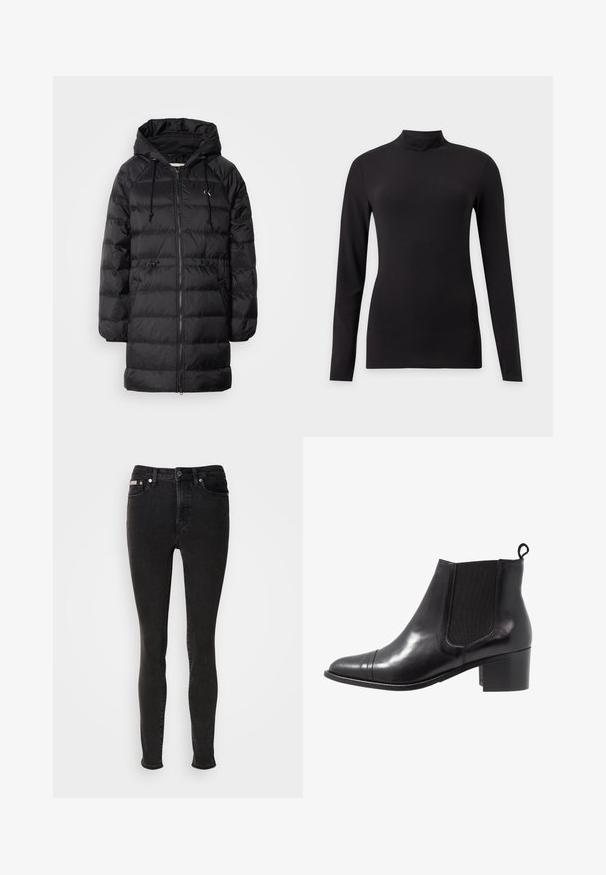 Calvin Klein Jeans Vinterfrakke - black; Sort tætsiddende top med lange ærmer og høj krave, vist på en ensfarvet lys grå baggrund.; Sorte skinny jeans lavet af denim med en glat tekstur, der har fem-lomme-design, bæltestropper og lukning med metalknap.; Sorte læder ankelstøvler med elastiske sidepaneler, rund tå og tekstureret blokhæl. Har en løkke til at trække i bagpå for nem påtagning.