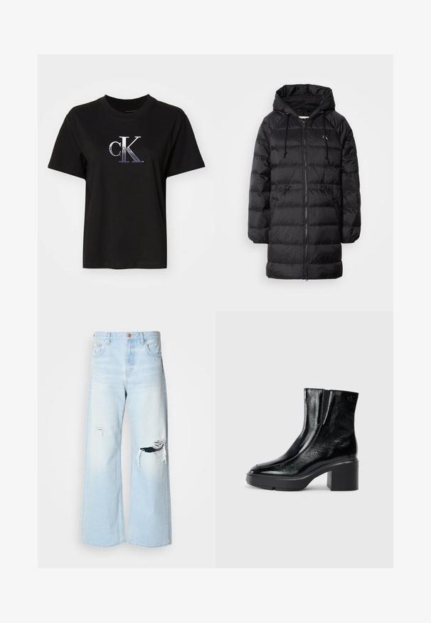 Calvin Klein Jeans Vinterfrakke - black; Sort bomulds T-shirt med rund hals. Har et sølv broderet "cK" logo og teksten "Calvin Klein Jeans" under logoet. Korte ærmer.; Lyseblå brede jeans lavet af denim, med høj talje, store revner ved knæene og et klassisk fem-lomme design med kobberhardware.; Sorte patenterede læderankelstøvler med en buet tå, elastiske sidepaneler og en kraftig blokhæl. Har et præget logo på bagsiden.