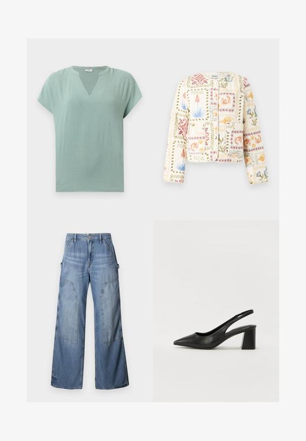 Chaqueta color crema claro con estampados botánicos y marinos que incluyen plantas de agave, cangrejos, conchas y flores azules, con bolsillos delanteros de parche.; Blusa de mangas cortas verde menta con escote en V y un acabado texturizado. Tejido suave con un ajuste relajado y un drapeado sutil.; Good American GOOD EASE RELAXED - Vaqueros boyfriend - indigo; Tacones de slingback de cuero negro con punta afilada y tacón cuadrado. Presentan un diseño recortado y una textura suave, minimalista y moderna.