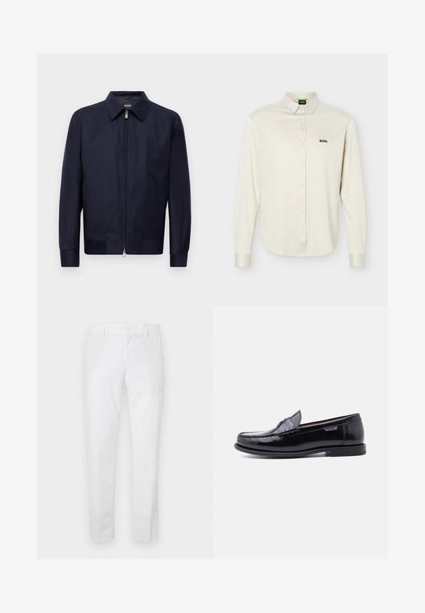 Chaqueta azul marino con cremallera, cuello, mangas largas y dos bolsillos frontales, exhibida sobre un fondo blanco liso.; Camisa blanca de manga larga con botones y cuello, logo negro "BOSS" en el pecho izquierdo y puños abotonados, presentada sobre un fondo liso.; Pantalones blancos de corte ajustado con trabillas para cinturón y bolsillos laterales, mostrados extendidos sobre un fondo claro.; Mocasines de cuero negro con acabado brillante, que presentan un diseño cosido en la puntera y una suela baja de goma negra texturizada.