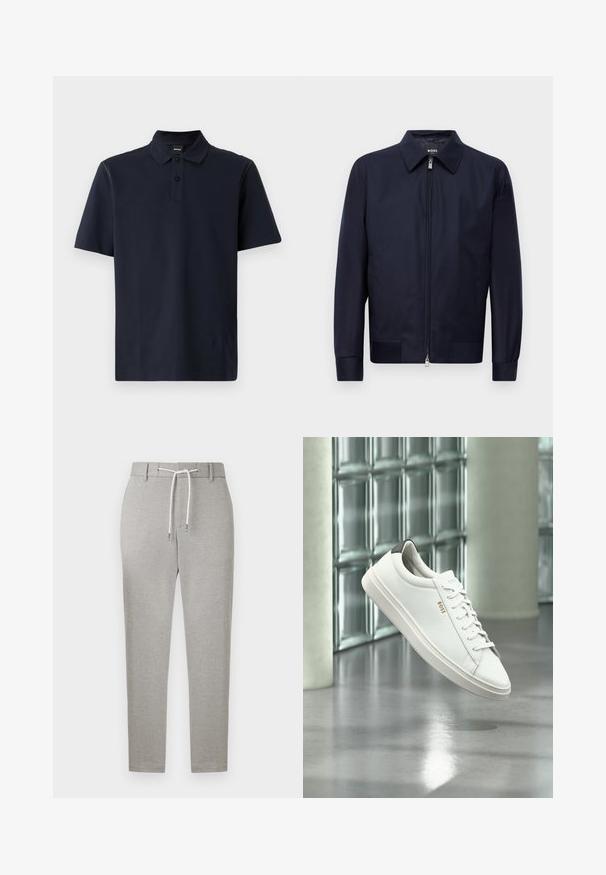 Námornícky modrá zip-up bunda s golierom, dlhými rukávmi a dvoma prednými vreckami, vystavená na jednofarebnom bielom pozadí.; Námořnická modrá polokošile s krátkým rukávem vyrobená z texturované bavlny, se zapínáním na dvě knoflíky, standardním límcem a jemným prošíváním na ramenou.; Svetlosivé priliehavé nohavice s pútkami na opasok a bielym sťahovacím šnúrkou v páse, zobrazené na jednoliatom pozadí.; Biela kožená teniska s nízkym strihom, šnúrkami, čiernou pätovou záložkou a logom „BOSS“, ktorá visí vo vzduchu v interiéri pri stene zo sklenených blokov a leštenej podlahe.