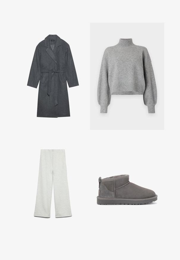Grå uldblandingsfrakke med spidse klipper, lange ærmer og bælte i taljen. Har en glat tekstur og knælangt design.; Grå cropped sweater med høj krave, ribbede mansjetter og kant, samt droppede skuldre. Blød tekstur med minimale sømme.; Lys grå vidbenede bukser lavet af blødt stof med en glat overflade og veldefinerede syninger. De har en lige pasform og ingen synlig metaldele.; Grå ruskinds ankelstøvler med en blød indersål, minimal syning og en formstøbt gummisål. Har en løkke bagpå.
