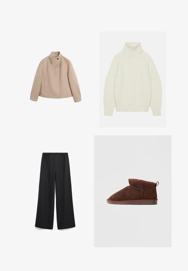 Veste en laine beige avec col montant, un seul bouton en haut, manches droites et coupe courte et carrée, présentée sur fond blanc.; Pull à col roulé en crème, confectionné en maille douce. Il présente une coupe décontractée, des manches raglan et des poignets et ourlet côtelés.; Pantalon noir à jambes larges avec une taille élastique. Fabriqué en tissu léger, présentant une texture lisse sans motifs ni accents visibles.; Mocassin en suède marron, hauteur de cheville, avec des coutures surpiquées, une languette au niveau du talon et une semelle en caoutchouc, sur un fond clair uni.
