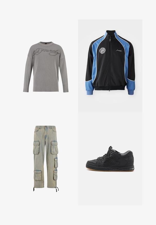 Chaqueta deportiva negra y azul, con cremallera frontal, ribetes blancos en contraste, parche de logo en el pecho, puños acanalados, tejido sintético suave.; Suéter de punto acanalado gris con escote redondo, hombros caídos y una superficie texturizada. Presenta el logo "Ed Hardy" en un gris más oscuro en la parte delantera.; Pantalones cargo de algodón azul claro, con múltiples bolsillos laterales, un corte relajado, lazos ajustables en los tobillos y un acabado desgastado.; Zapatilla deportiva negra con una parte superior sintética suave, cuello acolchado, detalles texturizados y una suela de goma con amortiguación de aire.