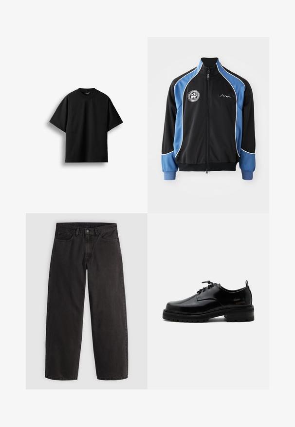 Schwarze und blaue Sportjacke, mit Reißverschluss vorne, kontrastierende weiße Paspelierung, Logo-Patch auf der Brust, gerippte Bündchen, glattes synthetisches Material.; Schwarzes T-Shirt mit kurzen Ärmeln und Rundhalsausschnitt, flach auf weißem Hintergrund mit sichtbarem kleinem Nackenlabel dargestellt.; Schwarze gerade geschnittene Jeans aus Denim mit fünf Taschen und Gürtelschlaufen, flach auf einem einfarbigen hellen Hintergrund liegend dargestellt.; Schwarzer polierter Lederschnürschuh mit dicker Gummisohle und niedrigem Absatz, seitlichem Marken-Schriftzug "SAMSOE" und hinterer Zuglasche.