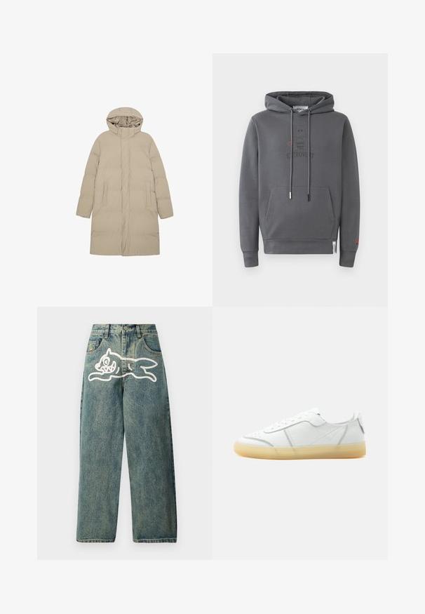 Pikk beežist polsterdatud jakk, millel on kapuuts, täispikk tõmblukk ja kaks küljetaskut, mõeldud külma ilma jaoks.; Hallidega hall sweatshirt, millel on eesmine tasku, millel on graafika extrovertse tegelase ja sõna "EXTROVERT" trükitud all.; Heledad sinine teksapüksid, laia lõikega, mille vasakul jalal on suur valge kassi graafika ja traditsiooniline viie taskuga disain.; Valge madala säärega nahast toss beezika läbipaistva tallaga, ees paelad ning minimaalsed õmblused, tuntud küljelt tavalise tausta ees.