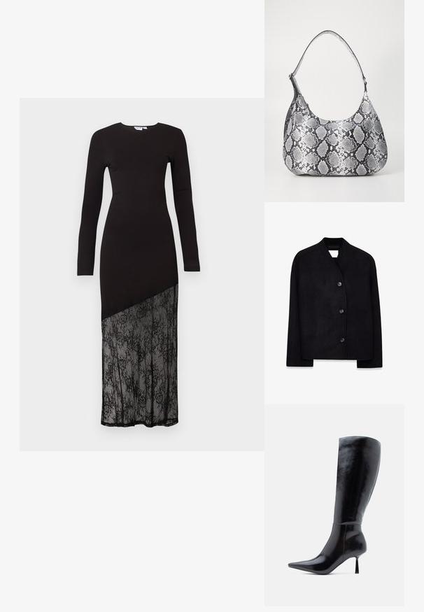 Schwarze Wollmischungjacke mit Schalkragen, Knopfverschluss vorne und langen Ärmeln. Glatte Textur und minimalistisches Design.; Schwarz langärmliges Kleid mit einem enganliegenden Oberteil und einem halbtransparenten Spitzenpanel am unteren Ende, das eine schlanke, moderne Silhouette schafft.; Schwarze kniehohe Stiletto-Stiefel mit glänzender Lederoberfläche, spitzem Zeh und schlankem, konisch zulaufendem Absatz, die eine glatte Oberfläche und ein elegantes Design aufweisen.; Schultertasche im schwarz-weißen Schlangenprint mit runder Form, glatter Textur und gebogenem Tragegurt. Mit einem silbernen Hardware-Akzent.