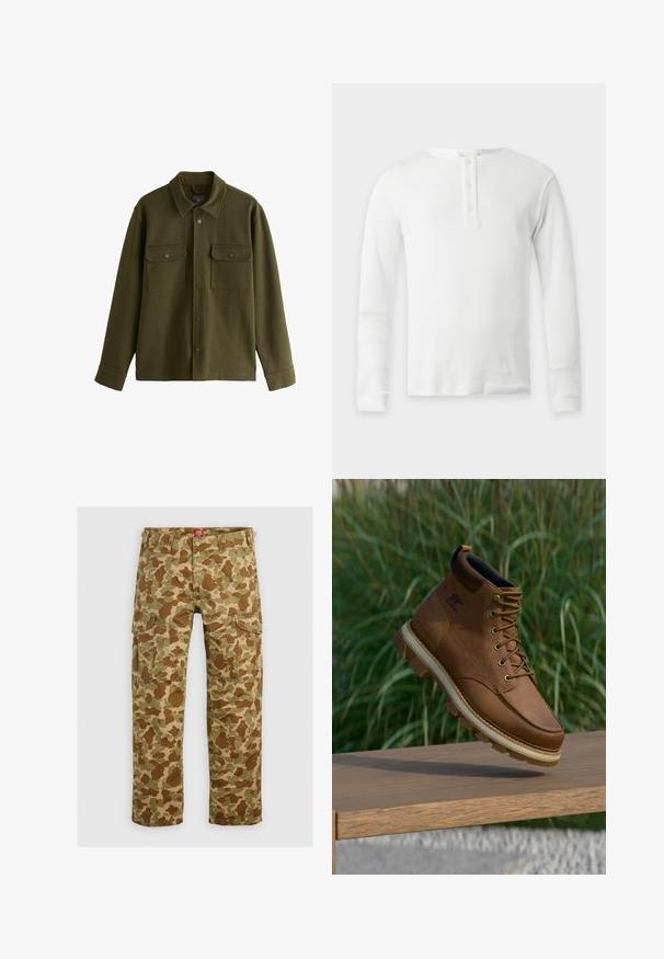 Veste boutonnée vert olive avec deux poches avant à rabat et manches longues, conçue avec un col classique et des fermetures à boutons sur le devant.; T-shirt thermique blanc à manches longues avec col rond et patte de boutonnage à trois boutons, présenté à plat sur fond clair.; Pantalons cargo camouflage dans des nuances variées de vert et de marron, dotés de plusieurs poches et d'une coupe décontractée, fabriqués en tissu résistant.; Botte de randonnée Sorel en cuir marron avec une semelle à crampons épaisse flottant au-dessus d'une surface en bois, avec de l'herbe verte en arrière-plan.