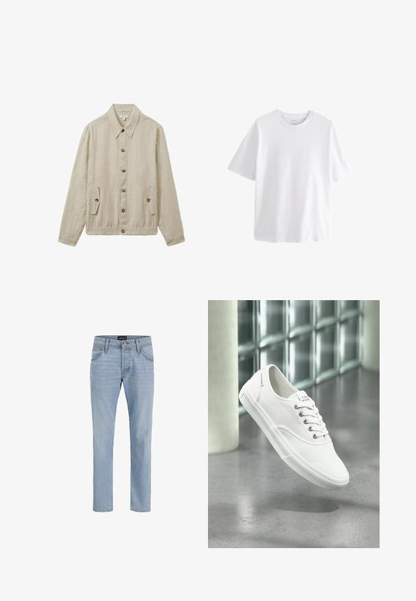 Lichtbeige linnen jas met een kraag, sluiting met knopen aan de voorkant, twee zijzakken en een elastische zoom. Voorzien van houten knopen.; Effen witte T-shirt met korte mouwen, ronde hals en een ontspannen pasvorm, getoond op een witte achtergrond.; Lichtblauwe denim jeans met een slim fit, vijf zakken, subtiele vervaagde textuur en metalen hardware bij de rits en knoopsluiting.; Witte lage canvas sneaker met veters, met label Tommy Hilfiger, getoond zwevend boven een gladde grijze vloer nabij een muur van glasblokken.