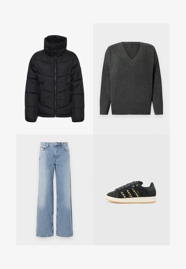 Sort pufferjakke med høj krave, quiltet design, frontlynlås og elastiske manchetter. Lavet af letvægts, glat stof.; Grå strikket sweater med V-hals, ribbede manchetter og kant. Har en blød tekstur og en afslappet pasform, velegnet til lagdeling i køligere vejr.; Lyseblå vide jeans med en falmet vask, fem lommer, knaplukning og lige kanter. Fremstillet af denim med en glat struktur.; adidas Originals CAMPUS 00S W - Sneakers - core black/carbon/gold-coloured