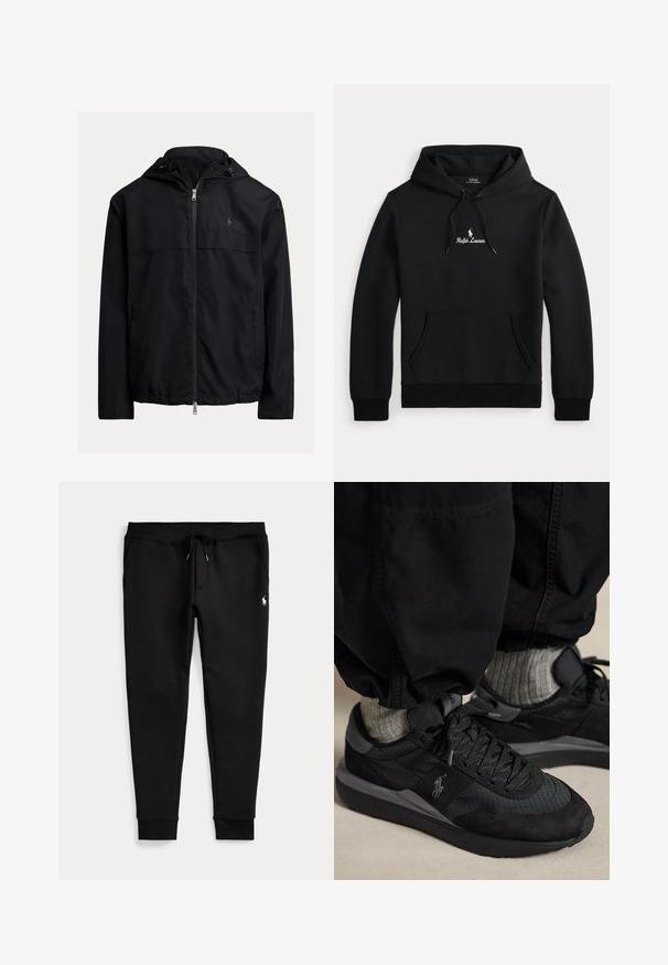 Veste coupe-vent noire à capuche, avec fermeture éclair à l'avant, deux poches latérales et un logo discret sur la poitrine. Tissu lisse et léger.; Hoodie noir Ralph Lauren avec poche kangourou à l'avant, capuche avec cordon de serrage et logo et texte brodés en blanc sur la poitrine.; Pantalon de jogging noir avec chevilles resserrées, taille à cordon, poches latérales et petit logo blanc de joueur de polo sur la cuisse droite.; Baskets noires avec lacets et logo gris, portées avec des chaussettes grises et un pantalon noir sur un sol beige.