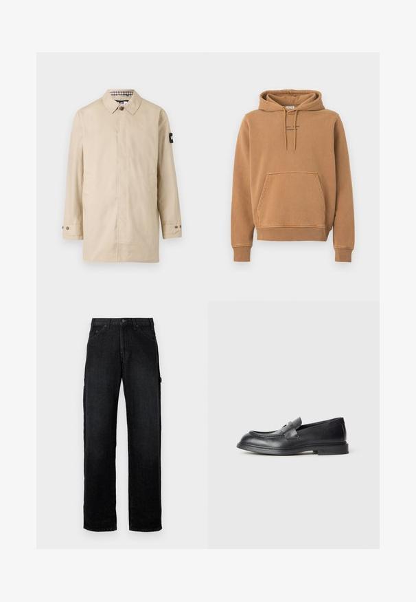 Beige lichtgewicht jas met een rechte snit, geknoopte kraag, zijzakken en een zwarte accent op de linkermouw. Gevoerd met een geruite print.; Bruine hoodie met een voorzak, trekkoordkap en logotekst op de borst. Gemaakt van zachte stof met een licht gestructureerde afwerking.; Zwarte denim jeans met een rechte pijp, voorzien van voorzakken, knoopsluiting en zijzakken voor extra opbergruimte.; Zwarte leren loafers met een gestructureerde afwerking, voorzien van een decoratieve voorstrik en een afgeronde neus. Rubberzool voor duurzaamheid.