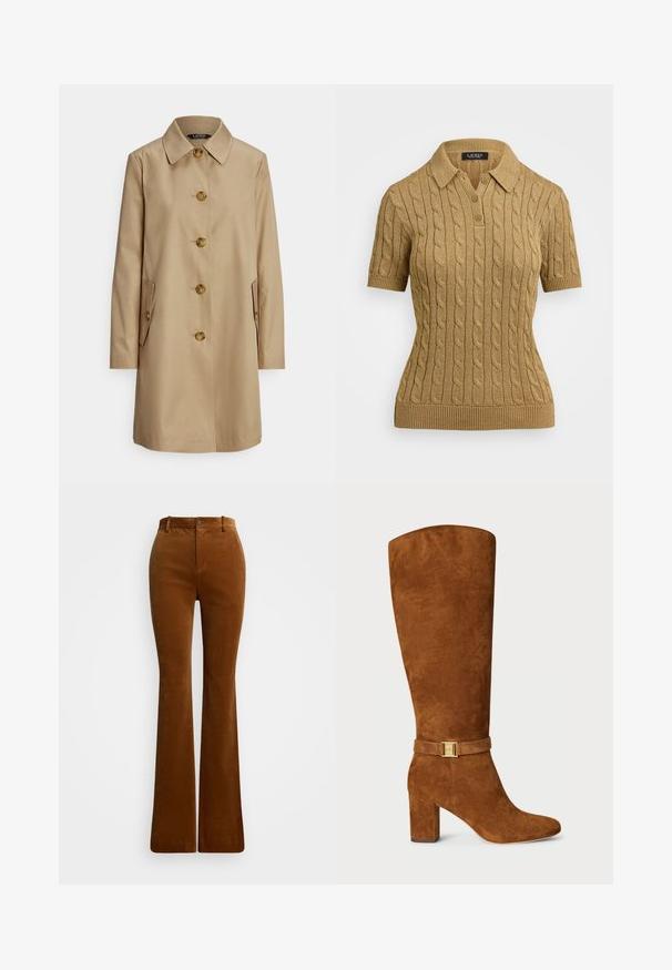 Beige trenchcoat med krave, seks guldknapper, sidelommer og lange ærmer. Glat stof med et skræddersyet design.; Kortærmet kabelstrikket polo-sweater i en gylden nuance, der har en klassisk krave og tre-knaps stolpe, med ribbet kant og manchetter.; Brune, flagrende bukser i blød fløjl, med lynlås og knaplukning, samt forlommer og en glat overflade.; Brune ruskind knæhøje støvler med firkantet tå, kraftig hæl og en guldfarvet spænde detalje på en matchende ruskind rem omkring anklen.
