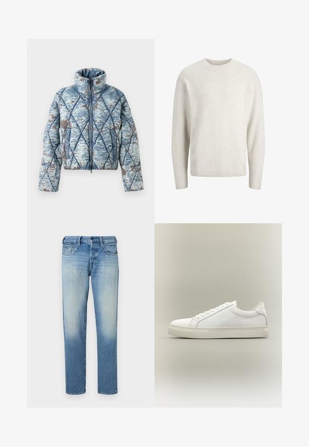 Chaqueta acolchada con capucha alta, en un patrón abstracto azul y gris, con cierre frontal y bolsillos laterales.; Suéter de manga larga de color crema liso con escote redondo y puños y dobladillo acanalados.; Vaqueros de mezclilla azul claro con acabado desgastado, piernas de corte recto, cinco bolsillos y cierre de botón. Detalles de costura y etiqueta de la marca en la parte trasera.; Zapatilla blanca de perfil bajo con cordones en la parte delantera y suela gruesa, mostrada de lado sobre un fondo neutro.