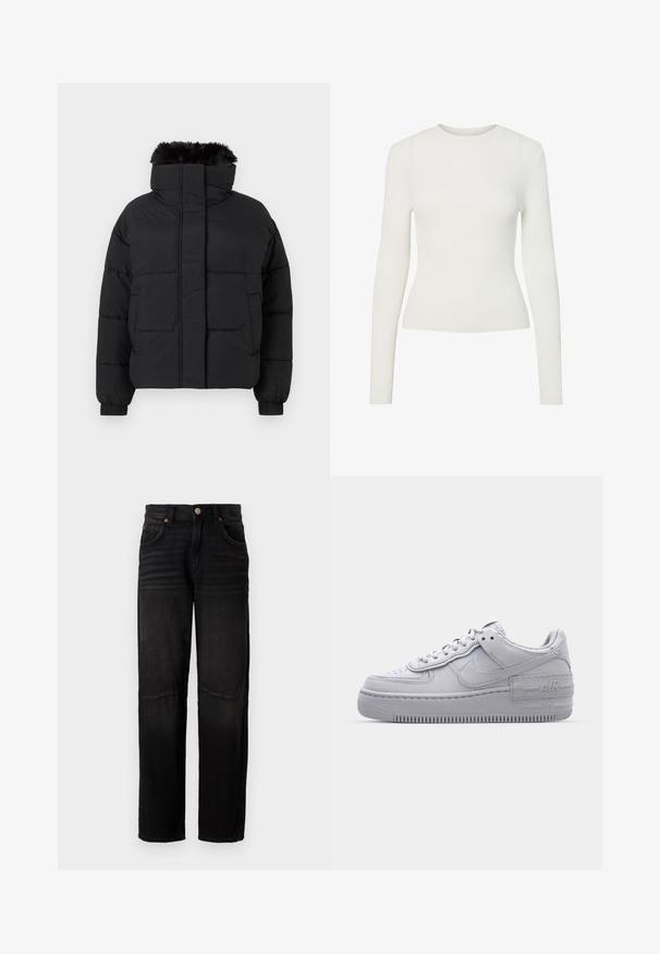 Schwarze Steppjacke mit hohem Kragen, Kunstpelzbesatz und elastischen Bündchen. Verfügt über einen Frontreißverschluss und zwei Seitentaschen.; Weißes langärmliges Rippenoberteil mit Rundhalsausschnitt, figurbetontem Schnitt und glatter Textur. Minimalistisches Design, keine sichtbaren Muster oder Verzierungen.; Schwarze Jeans aus Denim mit geradem Bein, fünf Taschen, Knopfverschluss und dezenten Ausbleichungen an den Oberschenkeln und Knien.; Graue Nike Air Force 1 Sneaker mit perforierter Zehenpartie, Obermaterial aus glattem Leder, dicker Sohle und geprägtem 'AIR'-Detail an der Ferse.