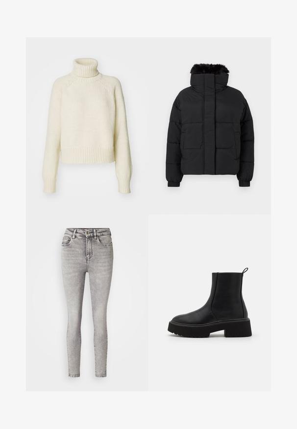 Doudoune noire avec un col montant, bordure en fausse fourrure et poignets élastiqués. Comprend une fermeture éclair à l'avant et deux poches latérales.; Un pull à col roulé couleur crème avec une texture en tricot épais, au design court, et des poignets et un ourlet côtelés. Il possède des manches raglan.; Jean skinny gris avec un délavage moyen, taille haute, cinq poches et un léger effet dégradé. Fabriqué en denim avec une texture lisse. Fermeture à bouton.; Bottes noires en cuir à la cheville avec une semelle plateforme épaisse et un léger talon, dotées d'une fermeture éclair sur le côté et d'une languette à l'arrière.