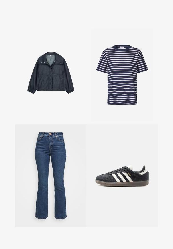 Donkergrijs lichtgewicht jack met brede kraag, drukknoopsluiting aan de voorkant, twee grote zakken, elastische manchetten en elastische zoom.; Envii KULLA - T-shirt print - navy fog; Hoge taille blauwe jeans gemaakt van denim. Flared leg ontwerp met een knoopsluiting en zakken. Beschikt over een klassieke wassing en stiksel details.; Zwarte Adidas Samba sneaker met witte strepen, gumzool en gouden "Samba" tekst aan de zijkant, gezien van links op een effen achtergrond.