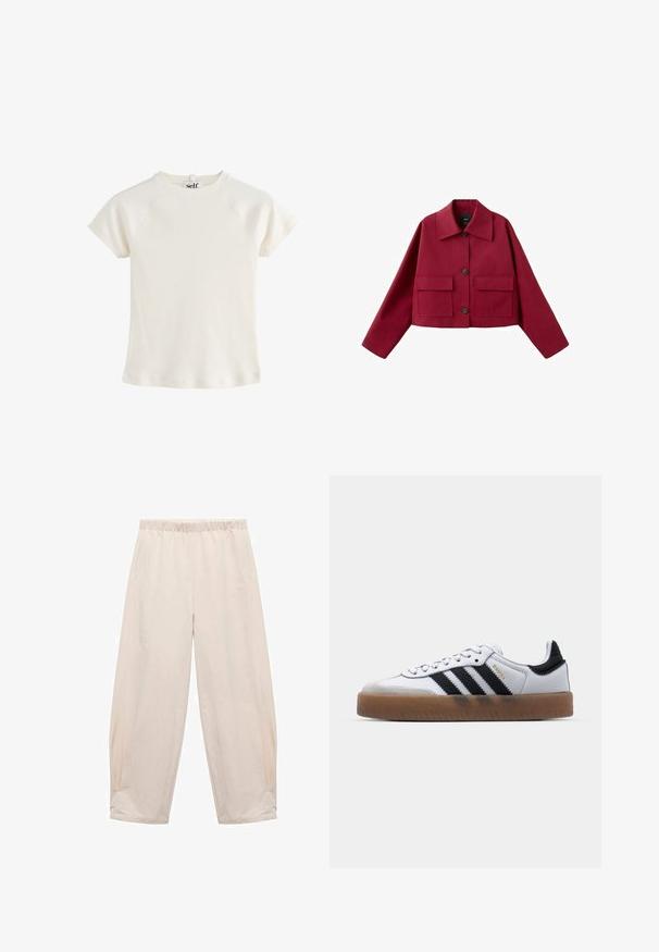 Veste courte rouge foncé avec large col, fermeture boutonnée devant et deux grandes poches à rabat à l'avant, présentée sur un fond blanc.; Haut en maille côtelée crème à manches courtes avec col rond et petite étiquette en tissu « self » à l'arrière du col.; Pantalons à taille élastique en beige clair. Fabriqués en tissu doux avec des poches latérales et une coupe décontractée et ample. Ajustés à la cheville.; Baskets en cuir blanc avec des rayures noires, semelle extérieure en caoutchouc beige, bout rond, fermeture lacée et embout en suède gris doux.