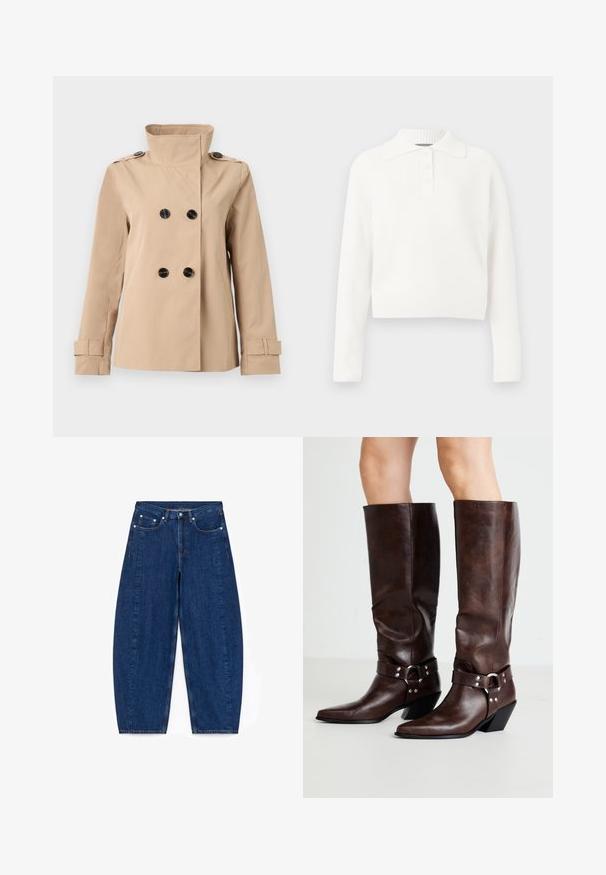 Veste beige croisée avec col montant, boutons noirs, épaulettes et brides réglables aux poignets sur les manches longues.; Pull en maille côtelée blanc à manches longues avec col et patte de boutonnage à trois boutons, présentant un design court et une texture douce.; Jean large en denim bleu foncé avec une taille haute, cinq poches et des attaches en métal argenté. Présente des coutures visibles et une texture lisse.; RAID NEVIS - Bottes de cowboy / motard - brown