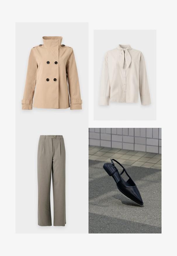 Beige dobbeltradet jakke med opretstående krave, sorte knapper, skulderepåletter og justerbare manchetter på lange ærmer.; Beige langærmet knapbluse med bundet nakkedetalje og brede manchetter på ærmerne, vist på en ensartet lys baggrund.; Lys grå bredbenede bukser med en glat tekstur, der har frontfold, en knaplukning og to sidelommer.; Sort slingback-flad sko med spids tå, svævende over en asfaltflade ved siden af en flisebelagt fortov.