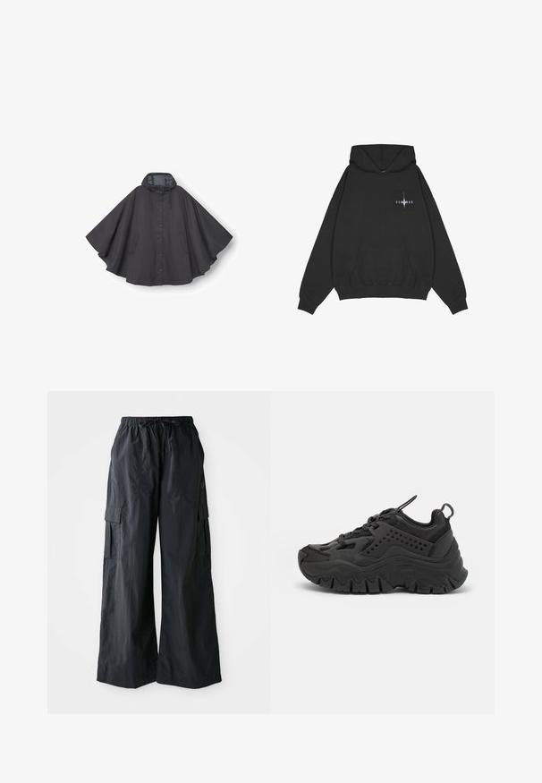 Poncho de pluie noir imperméable avec capuche, boutons-pression à l'avant et poches latérales, présenté à plat sur fond blanc.; Pegador Sweat à capuche - washed black; Pantalons cargo noirs en tissu léger, avec une coupe large, une taille élastique et plusieurs poches latérales. Simples et fonctionnels.; Des chaussures de sport noires avec une semelle épaisse, un dessus en synthétique lisse, des accents perforés et un embout arrondi. Elles présentent un système de laçage et une langue.