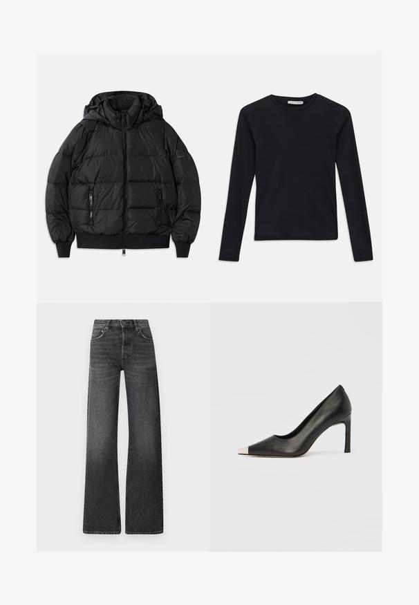 Svart pufferjakke med hette, glidelås foran og to glidelåslommer på siden. Har ribbede mansjetter og nederkant, glatt og shiny tekstur.; Svart langermet t-skjorte med slim fit, ensfarget design og en liten "Tiger of Sweden"-label inni kragen.; Sorte denimbukser med høy midje og vid ben-design. Har fem lommer og en subtil falmet tekstur med kontraststing. ; Svart lærsko med høye hæler, spiss tå og metallisk sølvhette. Har en glatt finish og en slank hæl på 10 cm.