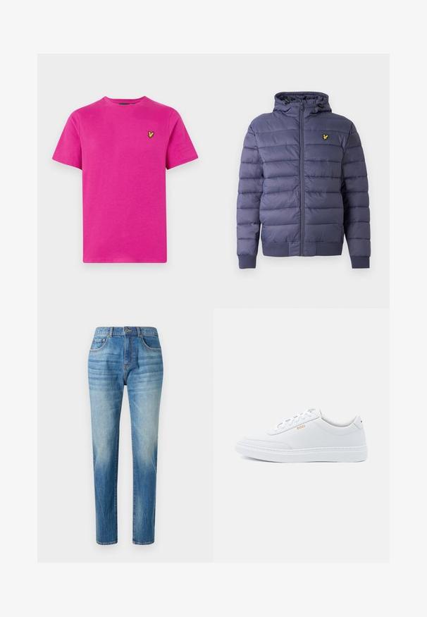 Marineblaue Steppjacke mit Reißverschluss, gerippten Bündchen und Kapuze. Verfügt über ein gestepptes Design und ein kleines gelbes Logo auf der Brust.; Rosa Baumwoll-T-Shirt mit Rundhalsausschnitt und kurzen Ärmeln. Verfügt über ein kleines gelbes, gesticktes Logo auf der linken Brust. Weiche Textur.; Hellblaue Denim-Jeans im geraden Schnitt, mit hoher Taille, subtiler Auswaschung und klassischem Fünf-Taschen-Design. Metallknopfverschluss.; Weiße Leder-Sneaker mit glatter Textur, runder Zehenpartie und tonal abgestepptem Design. Mit blauen Schnürsenkeln und einem goldenen Logo an der Seite.