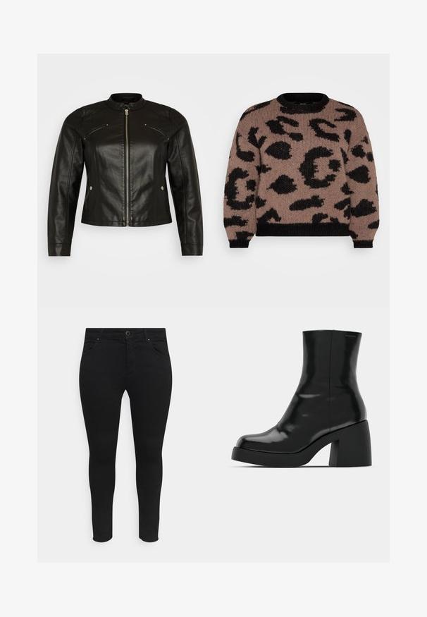 Vero Moda Curve VMCFAVODONA JACKET - Chaqueta de cuero sintético - black; Vero Moda Curve VMCZELMA O NECK - Jersey de punto - brown/black; Vaqueros skinny negros hechos de una tela elástica, con bolsillos delanteros, cierre de botón y un diseño elegante sin patrones ni adornos visibles.; Botas de tobillo negras con un acabado brillante, punta cuadrada y un tacón grueso en bloque. El diseño presenta una silueta sin costuras y un minimalismo en la marca.
