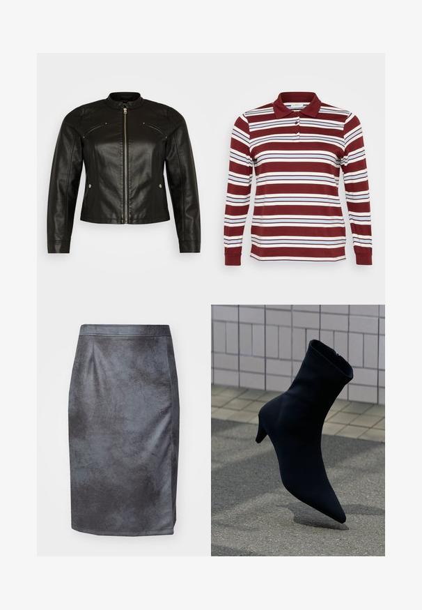 Vero Moda Curve VMCFAVODONA JACKET - Kunstlederjacke - black; Langarm-Polohemd in Burgunderrot mit weißen und hellblauen Streifen, ausgestattet mit einem Kragen und einer geknöpften Leiste. Weiches Baumwollmaterial.; Grauer Kunstleder-Bleistiftrock mit glatter Textur, hoher Taille und Schlitzdetail auf der linken Seite. Keine sichtbaren Verschlüsse oder Muster.; Schwarzer Knöchelstiefel mit spitz zulaufender Spitze, schlankem Design, weichem Material und einem dezenten Absatz. Verfügt über einen Reißverschluss auf der Rückseite.