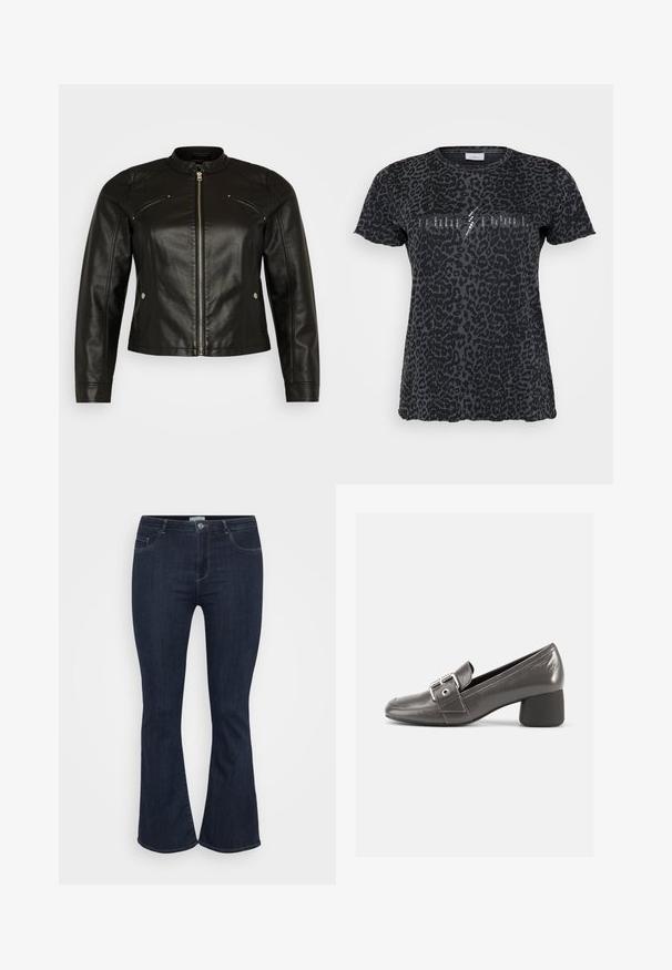 Vero Moda Curve VMCFAVODONA JACKET - Bunda z nepravej kože - black; ONLY Carmakoma CARMIKO WASHED SS REG TEE JRS - Tričko s potlačou - phantom; Tmavomodré riflové nohavice s vysokým pásom, priliehajúce na stehnách a s miernym rozšírením na spodnej časti, so prednými vreckami a zapínaním na gombík.; Čierna kožená topánka so stredným podpätkom a zaoblenou špičkou, s dekoratívnym remienkom so sponou a textúrovaným povrchom na vrchnej časti.