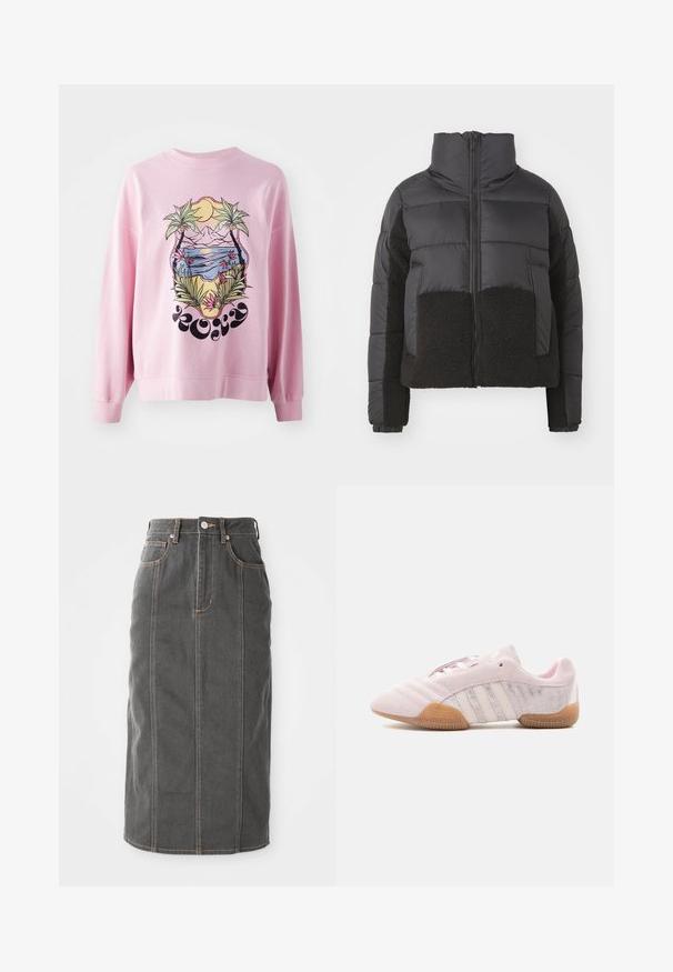 Schwarze Steppjacke mit hohem Kragen, ausgestattet mit einem kontrastierenden schwarzen Fleece-Einsatz auf der Vorder- und den Seiten sowie einem Reißverschluss.; Rosa Sweatshirt mit lebendigem Grafikdesign von Palmen und einer Strandlandschaft mit Bergen, Sonne und floralen Details. Lange Ärmel und gerippte Bündchen.; Grauer Denim-Midirock mit geradem Schnitt, fünf Taschen und orangefarbenen Nähten entlang der Nähte. Verfügt über eine Knopfverschluss vorne und Gürtelschlaufen.; Hellrosa Wildleder-Sneaker mit weißen Streifen, Gummisohle und strukturierten Seitenteilen, von der Innenseite auf weißem Hintergrund gezeigt.