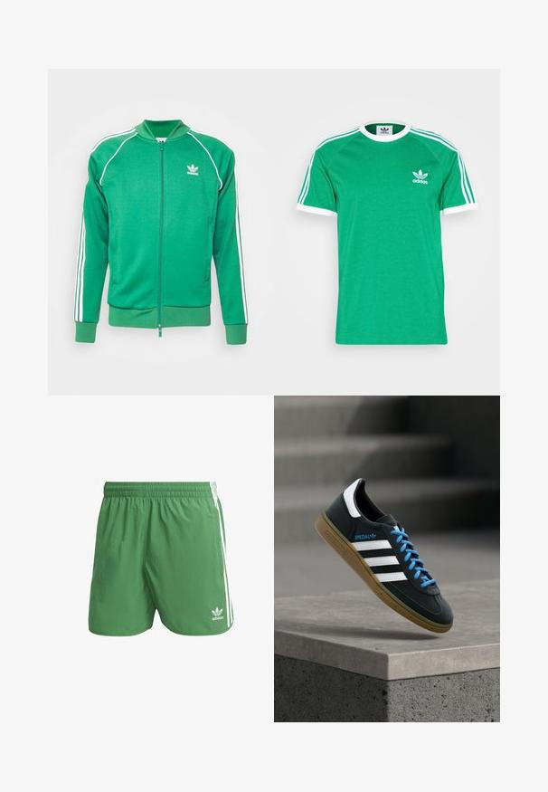Veste zippée en polyester vert avec des accents de rayures blanches, des poignets et un col côtelés. Présente un petit logo blanc sur la poitrine.; T-shirt en coton vert avec des accents blancs, col rond côtelé, et trois rayures blanches sur chaque épaule. Comprend un petit logo Adidas blanc sur la poitrine.; Shorts de sport verts en matériau léger, avec des rayures blanches sur les côtés et un logo Adidas sur l'ourlet gauche. Taille élastique.; Baskets Adidas noires avec des rayures blanches, des lacets bleus et une semelle en gomme flottant au-dessus d'une marche en béton grise sous une lumière douce.