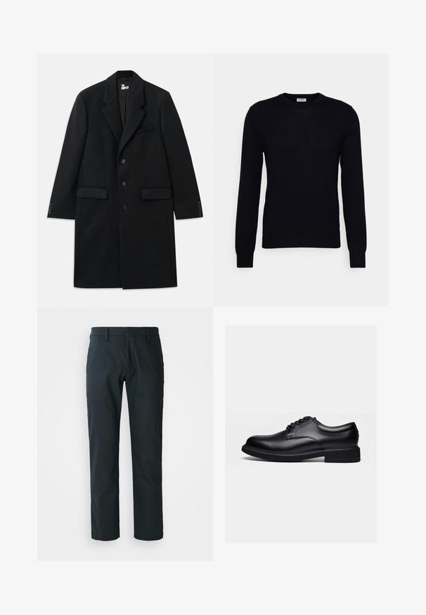 Sort uldblandingsfrakke med spidse klapper, sidelommer, tre knapper og knaplukning ved ærmerne. Glat tekstur med skræddersyet design.; Sort langærmet sweater lavet af blødt strikket materiale. Rund halsudskæring, ribbede manchetter og kant. Minimalistisk design uden synlige mønstre eller knapper.; Sorte, lige bukser lavet af glat stof; har bæltestropper og flad frontdesign. Side lommer inkluderet.; Sort poleret lædersko med snøredesign og tyk gummisål, vist fra siden på en ensartet lys baggrund.