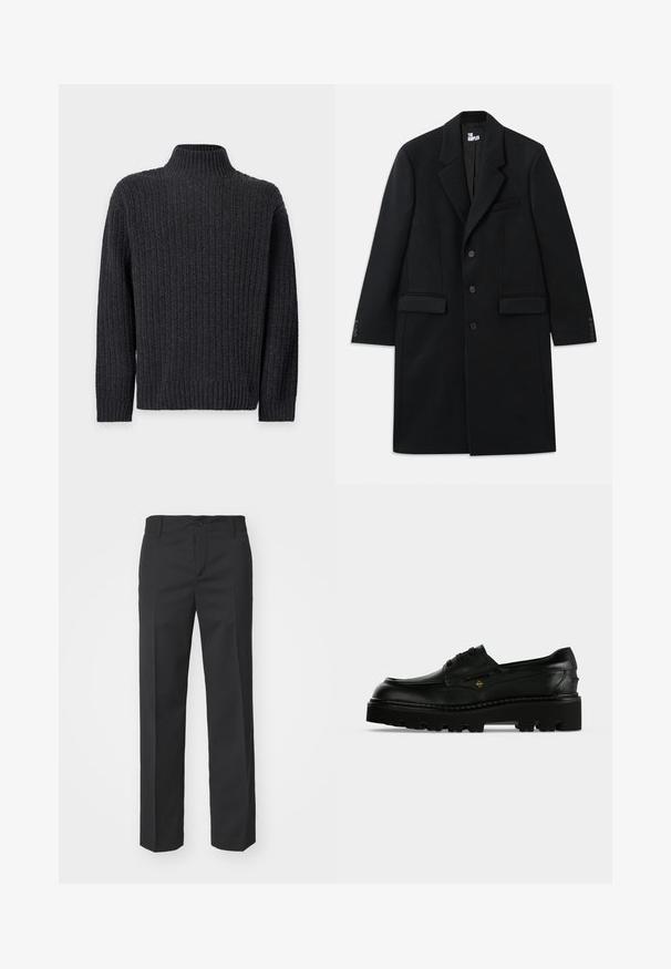 Manteau en mélange de laine noir avec un col cranté, des poches latérales, trois boutons et des poignets boutonnés. Texture lisse avec un design ajusté.; Pull noir en maille épaisse avec manches longues et col roulé côtelé haut sur fond blanc.; Filippa K TROY TROUSERS - Pantalon classique - black; Mocassin en cuir noir à grosse semelle à lacets avec une semelle extérieure épaisse et crantée et un petit logo doré sur le côté.