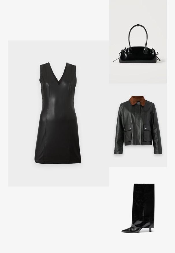 Veste en cuir noir avec col en velours côtelé marron, poches avant à rabat avec boutons-pression, et fermeture frontale dissimulée.; Robe noire sans manches en simili cuir avec décolleté en V et coutures ajustées, longueur genoux, sur un fond clair uni.; Botte chelsea en cuir noir avec un bout pointu et un talon bloc, présentant un tige haute et brillante ainsi qu'une finition texturée sur la partie inférieure.; Petit sac à main noir brillant avec deux longues anses et des détails à cordon sur les côtés sur un fond clair uni.