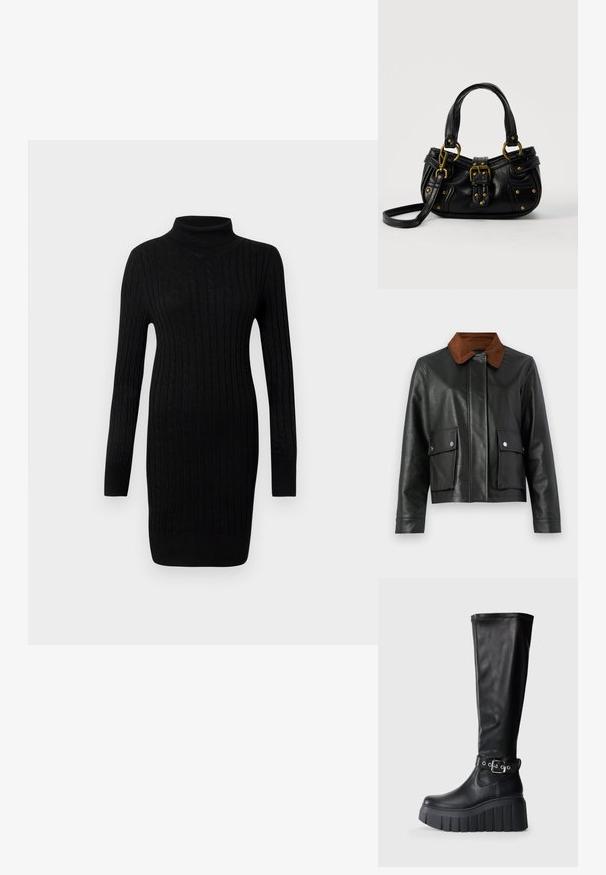 Veste en cuir noir avec col en velours côtelé marron, poches avant à rabat avec boutons-pression, et fermeture frontale dissimulée.; Robe pull noire en maille torsadée à col roulé à manches longues avec des poignets et un ourlet côtelés sur fond blanc.; Bottes noires montantes en cuir lisse, avec une semelle épaisse, un talon chunky et un accent de ceinture ajustable près de la cheville.; Sac à main en cuir noir avec boucle dorée et détails à rivets, poignées courtes et bandoulière réglable sur fond blanc uni.