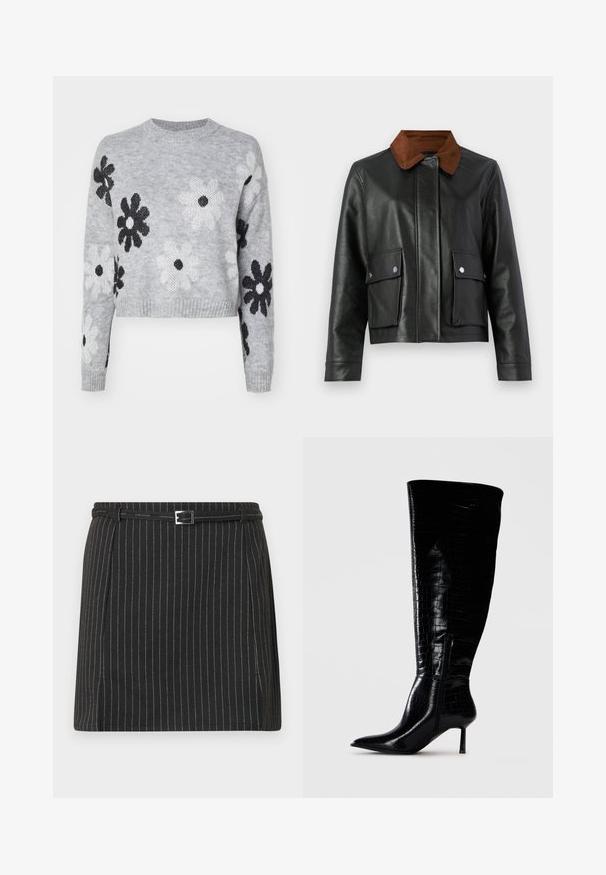 Sort læderjakke med brun kordfløjlskrave, forsiden med klaplommer og trykknapper samt skjult lukning foran.; Lyst grå cropped striktrøje med sort og hvid blomstermønster, rund halsudskæring og ribbede manchetter. Blød tekstur, casual design.; Sort mininederdel med hvide lodrette nålestriber, der har et tyndt bælte med en rektangulær sølvspænde ved taljen.; Støvler i sort læder til knæene med en blank, krokodillemønster-finish. Spids tå og tynd hæl; har en sidelukning med lynlås.
