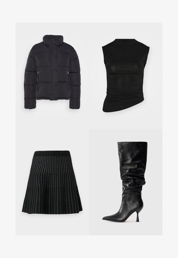 Schwarze gepolsterte Jacke mit hohem Kragen, ausgestattet mit Druckknöpfen, zwei Seitentaschen und horizontalen Steppabschnitten für Isolierung.; Schwarzes ärmelloses Oberteil mit hohem Kragen, aus glattem Stoff gefertigt. Verfügt über geraffte Details an einer Seite und hat eine taillierte Silhouette.; Schwarze Rock mit strukturiertem Strick und Zickzack-Silberstreifen, ausgestelltem Design und festem schwarzen Bund.; Schwarze Lederstiefel bis zum Knie mit einem lässigen Design, spitzem Zehenbereich und dünnem Stiletto-Absatz. Sie verfügen über eine glatte Textur und minimale Akzente.