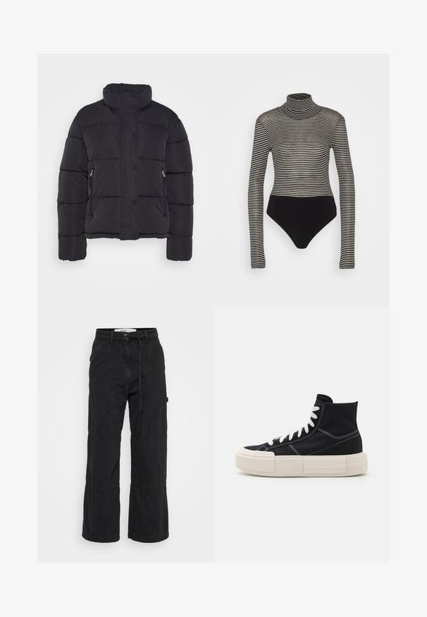Zwarte gewatteerde jas met een hoge kraag, voorzien van drukknopen, twee zijzakken en horizontaal gestikte delen voor isolatie.; Anna Field by Zalando Longsleeve - black/beige; Zwarte wijde broek van katoen met een gestructureerde afwerking. Beschikt over een taille met riem en naden op de knieën voor extra detail.; Zwarte canvas high-top sneaker met witte veters, dikke creamkleurige zool, contrasterende stiksels en een afgerond teenontwerp.