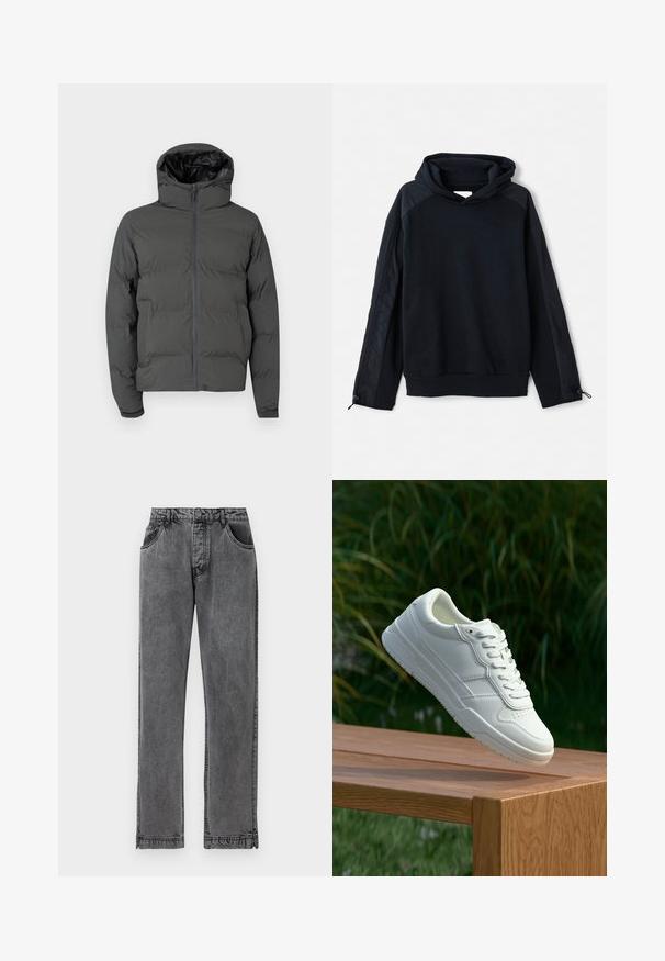 Chaqueta de plumas gris con capucha, que cuenta con un cierre frontal y un patrón acolchado. Material exterior suave con un interior brillante en contraste.; Pier One Sudadera - black; Vaqueros de mezclilla negra con un diseño de pierna recta, que cuentan con cinco bolsillos, un cierre de botón y sutiles detalles de costura en las costuras.; Zapatilla de cuero blanca con una textura suave, que presenta un diseño perforado, cordones clásicos y suela de goma, posicionada sobre una superficie de madera.