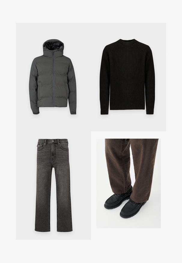 Chaqueta de plumas gris con capucha, que cuenta con un cierre frontal y un patrón acolchado. Material exterior suave con un interior brillante en contraste.; Suéter negro de manga larga con canalé y cuello redondo, presentado de forma plana sobre un fondo blanco liso.; Jeans negros desvanecidos de pierna recta con bolsillos delanteros y para monedas, cierre de botón y cremallera, en un fondo blanco.; Zapatos de cuero negro con un acabado liso, punta redondeada y diseño con cordones, combinados con pantalones marrones texturizados. Vista desde abajo.
