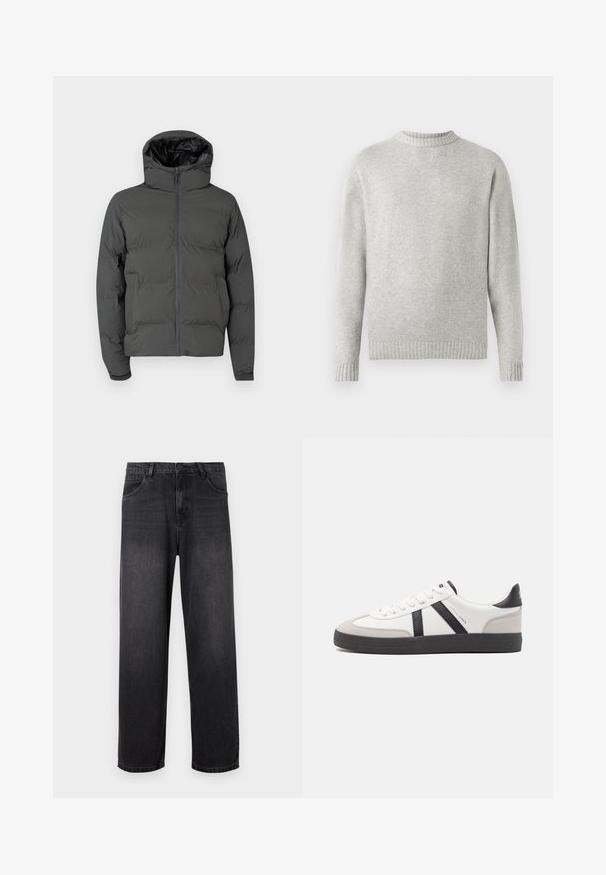 Chaqueta de plumas gris con capucha, que cuenta con un cierre frontal y un patrón acolchado. Material exterior suave con un interior brillante en contraste.; Suéter gris claro hecho de un tejido suave, con un cuello redondo acanalado y puños y dobladillo acanalados. Diseño minimalista, de mangas largas.; Jeans de denim gris oscuro con un diseño de pierna recta, que cuentan con un cierre de cremallera, cinco bolsillos y sutiles detalles de desvanecimiento en la tela.; Zapatilla blanca con acentos en negro y gris, que presenta una puntera texturizada en gris, suela de goma negra y cordones planos blancos. Diseño limpio, estilo minimalista.